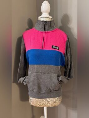 PINK Victoria's Secret Gray, Pink & Blue Colorblock 1/4 Zip Fleece Pullover